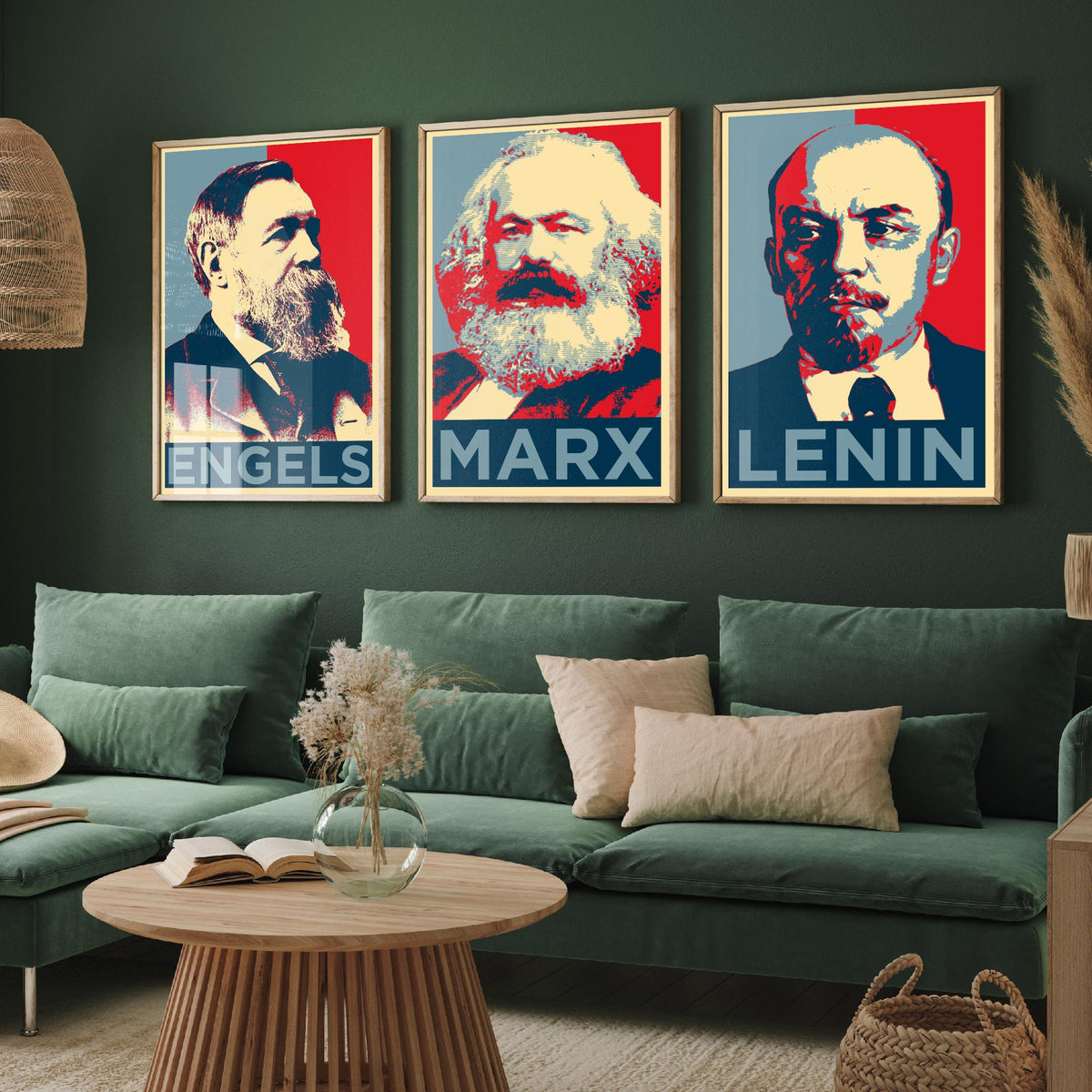 Engels, Marx and Lenin Set of Three Art Prints - Red and Blue Pop Art Portraits - Political History Poster Illustration