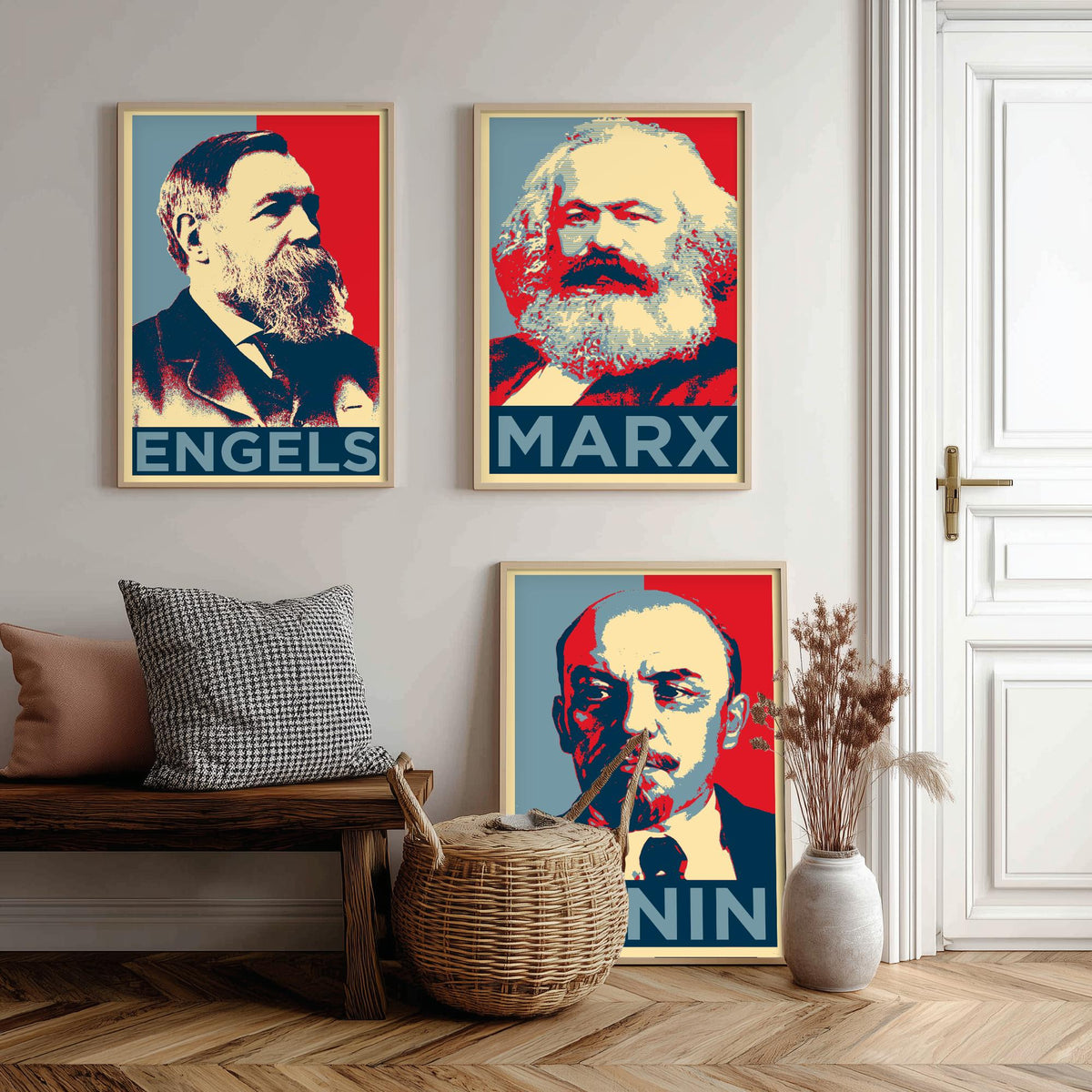 Engels, Marx and Lenin Set of Three Art Prints - Red and Blue Pop Art Portraits - Political History Poster Illustration