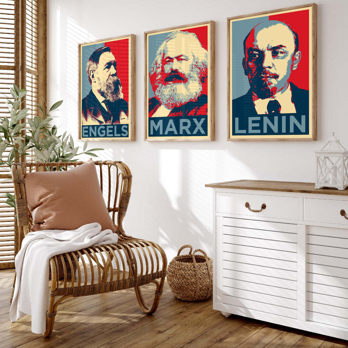 Engels, Marx and Lenin Set of Three Art Prints - Red and Blue Pop Art Portraits - Political History Poster Illustration