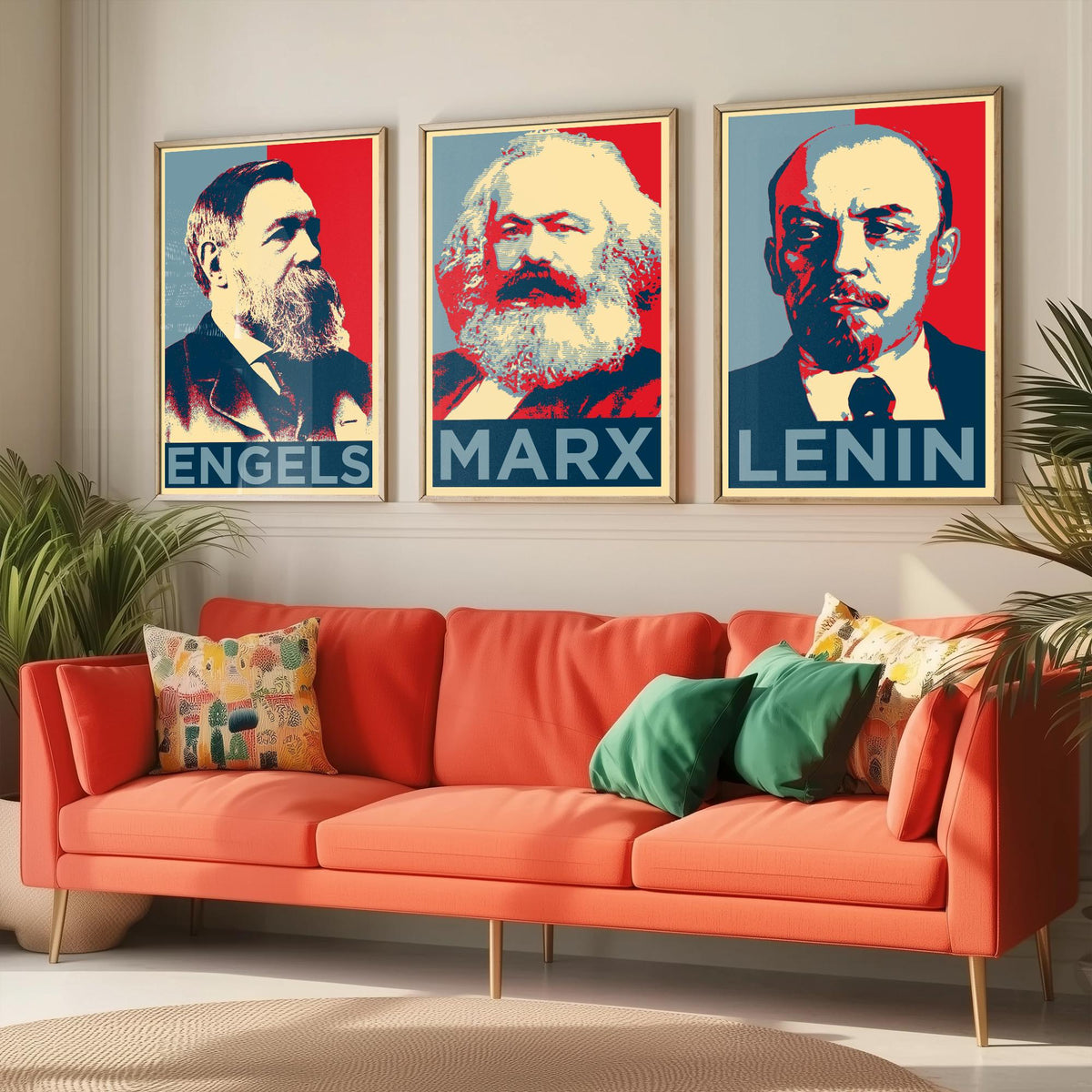 Engels, Marx and Lenin Set of Three Art Prints - Red and Blue Pop Art Portraits - Political History Poster Illustration