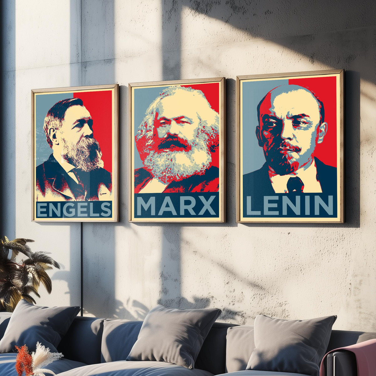 Engels, Marx and Lenin Set of Three Art Prints - Red and Blue Pop Art Portraits - Political History Poster Illustration