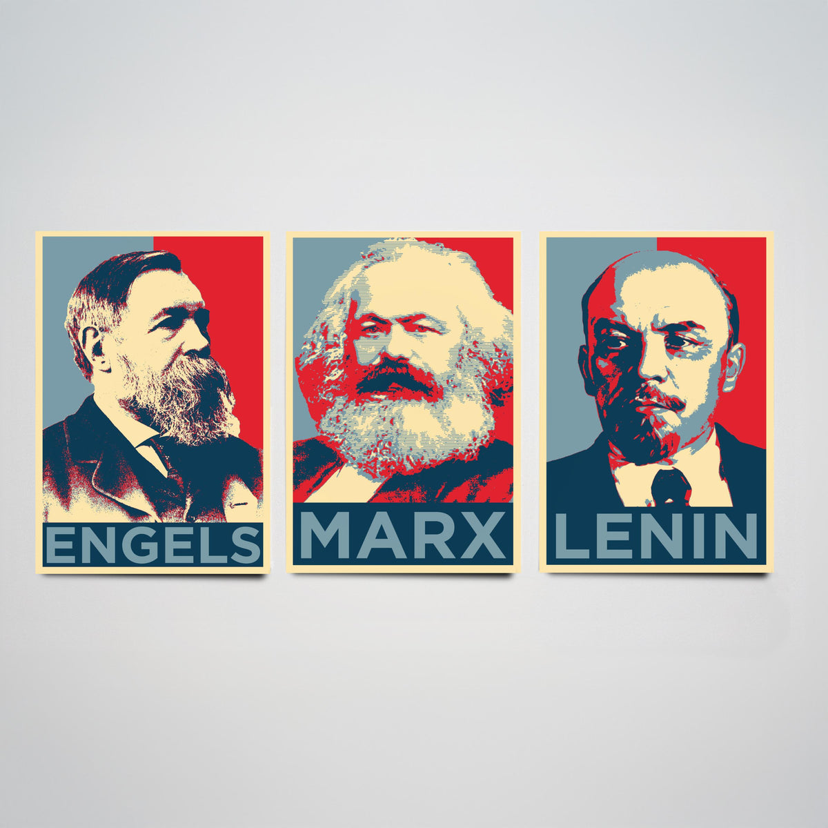 Engels, Marx and Lenin Set of Three Art Prints - Red and Blue Pop Art Portraits - Political History Poster Illustration