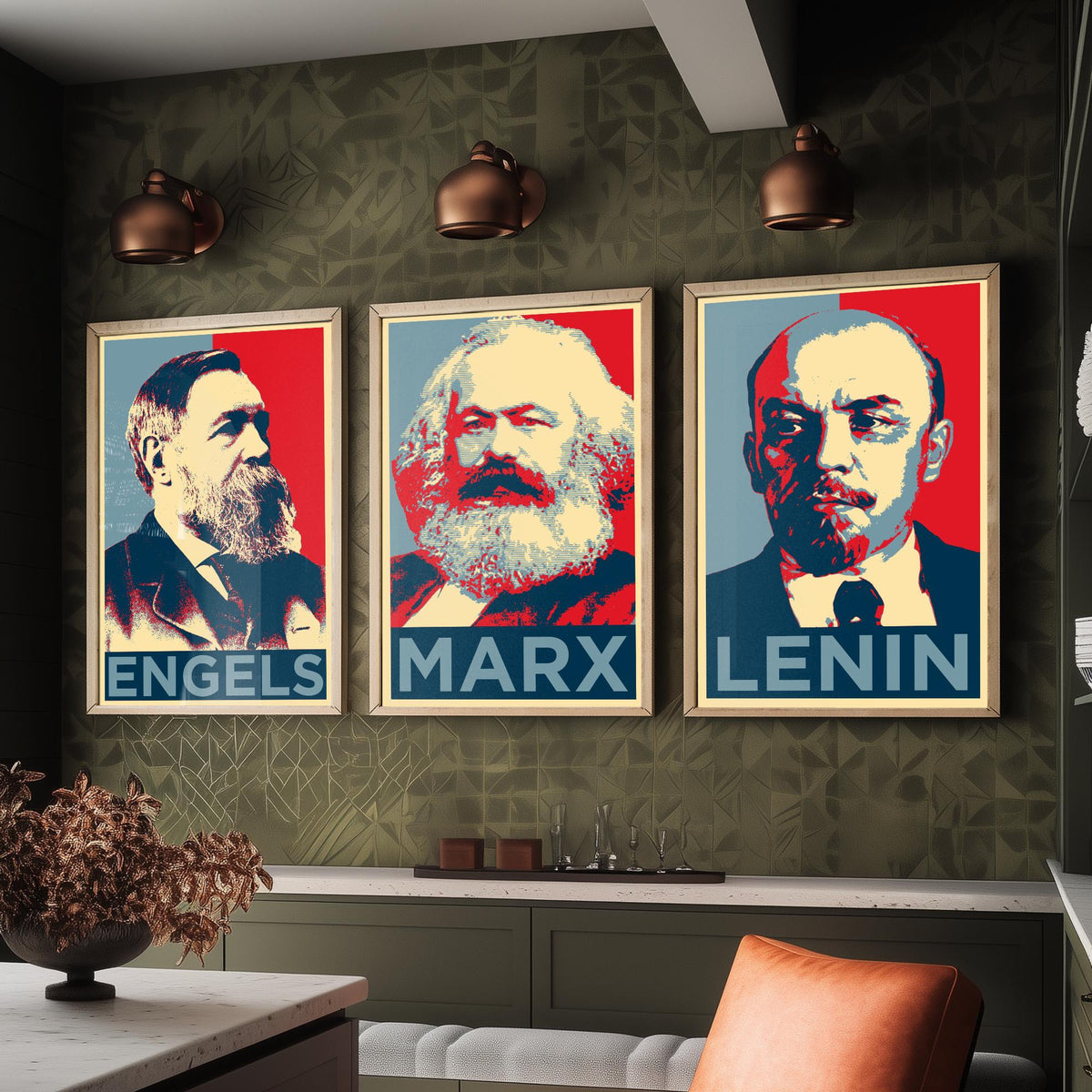 Engels, Marx and Lenin Set of Three Art Prints - Red and Blue Pop Art Portraits - Political History Poster Illustration