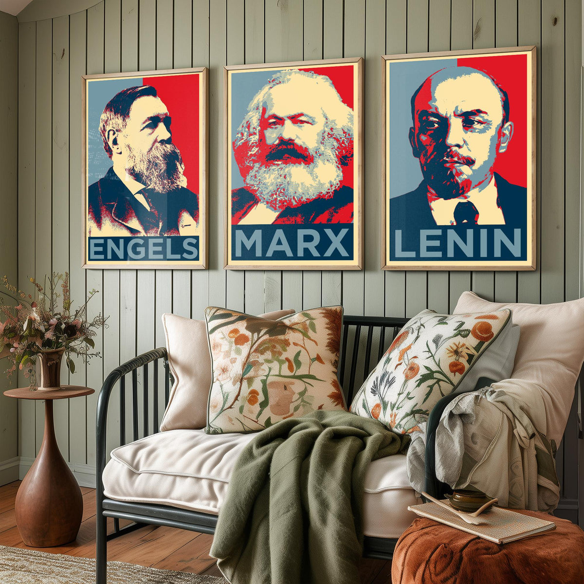 Engels, Marx and Lenin Set of Three Art Prints - Red and Blue Pop Art Portraits - Political History Poster Illustration