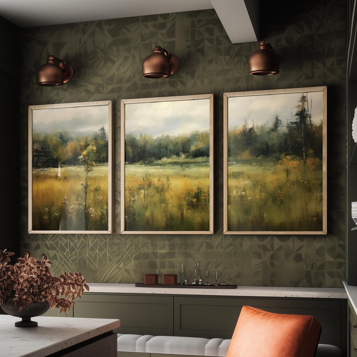 Soft Abstract Green Landscape Set of Three Art Prints - Misty Meadow and Forest - Panoramic Painting Poster