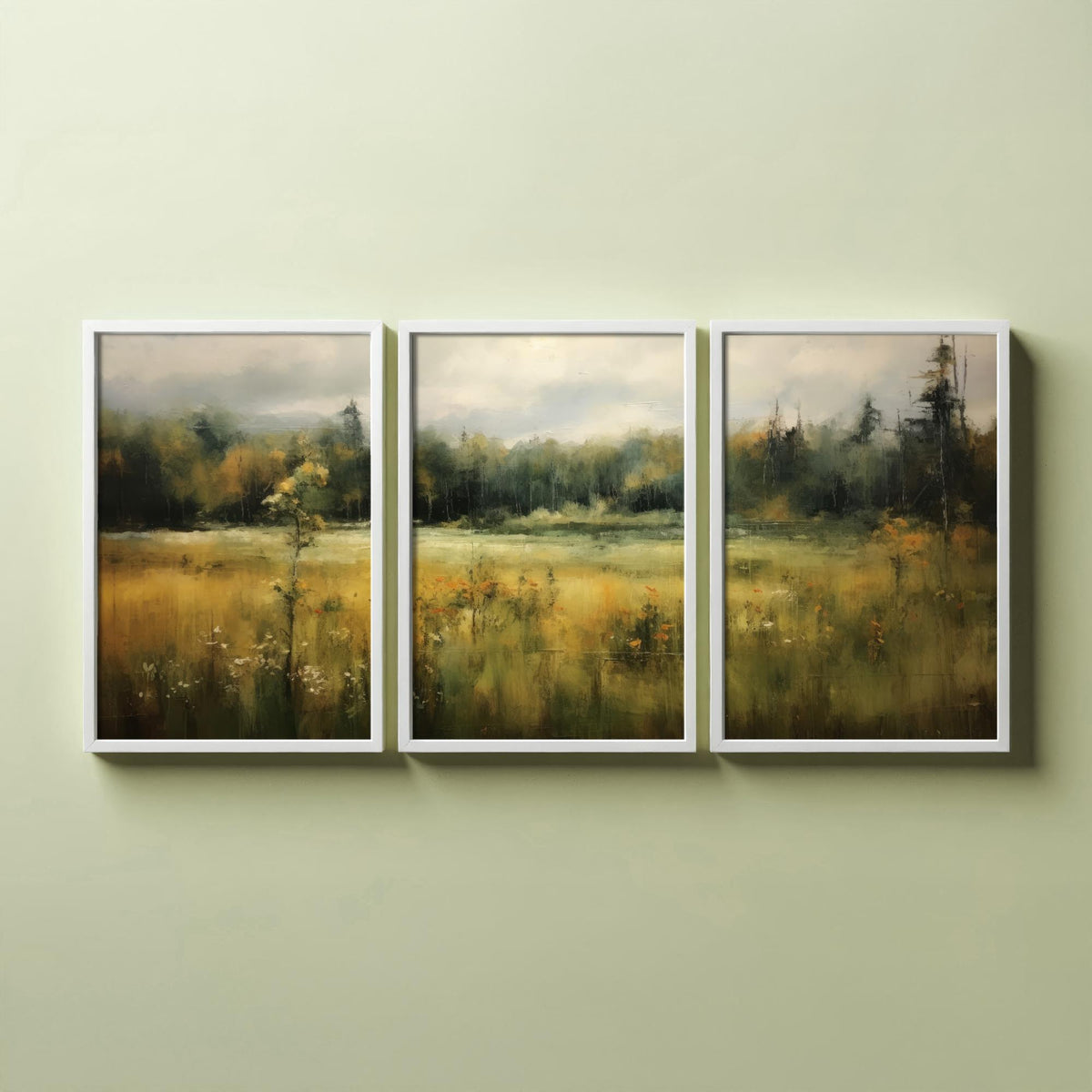 Soft Abstract Green Landscape Set of Three Art Prints - Misty Meadow and Forest - Panoramic Painting Poster