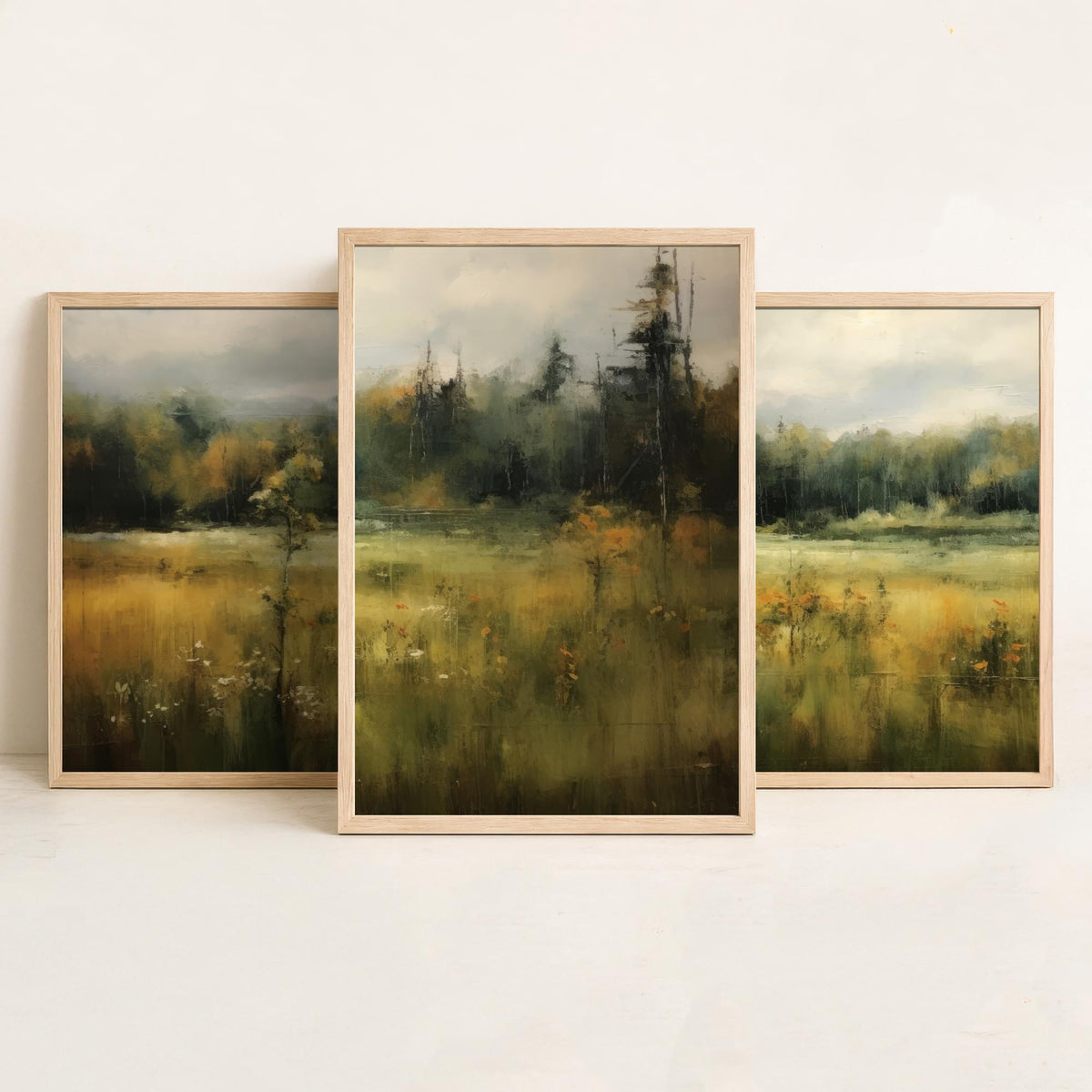 Soft Abstract Green Landscape Set of Three Art Prints - Misty Meadow and Forest - Panoramic Painting Poster