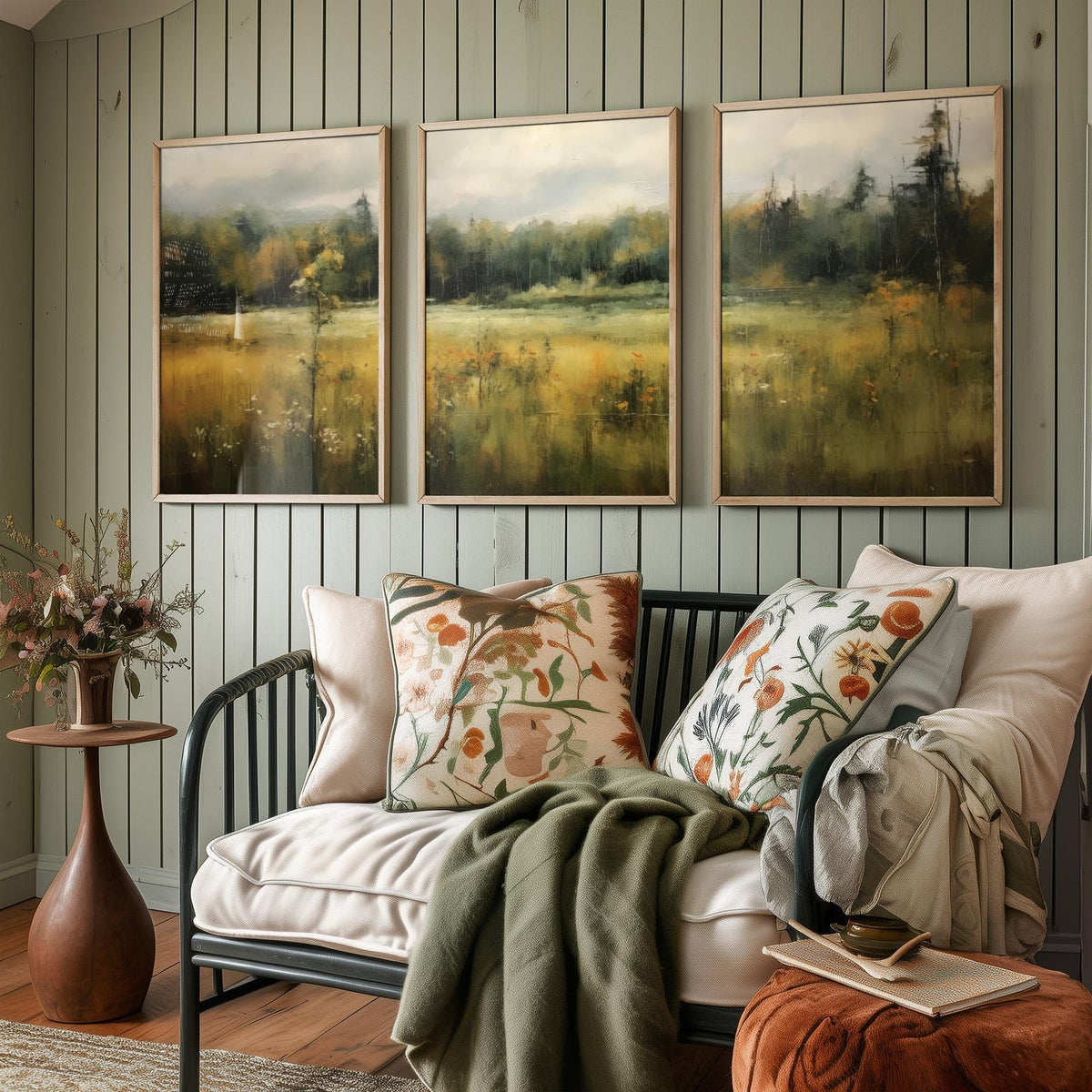 Soft Abstract Green Landscape Set of Three Art Prints - Misty Meadow and Forest - Panoramic Painting Poster