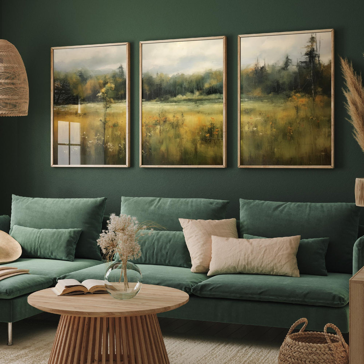 Soft Abstract Green Landscape Set of Three Art Prints - Misty Meadow and Forest - Panoramic Painting Poster