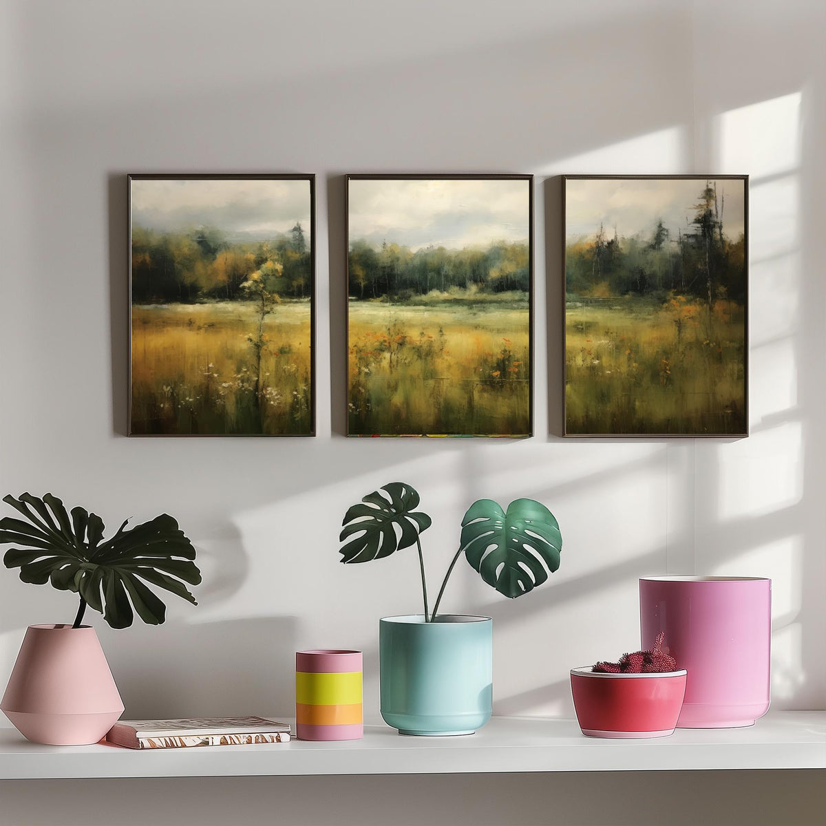 Soft Abstract Green Landscape Set of Three Art Prints - Misty Meadow and Forest - Panoramic Painting Poster