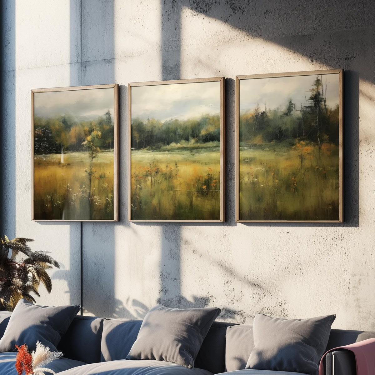 Soft Abstract Green Landscape Set of Three Art Prints - Misty Meadow and Forest - Panoramic Painting Poster