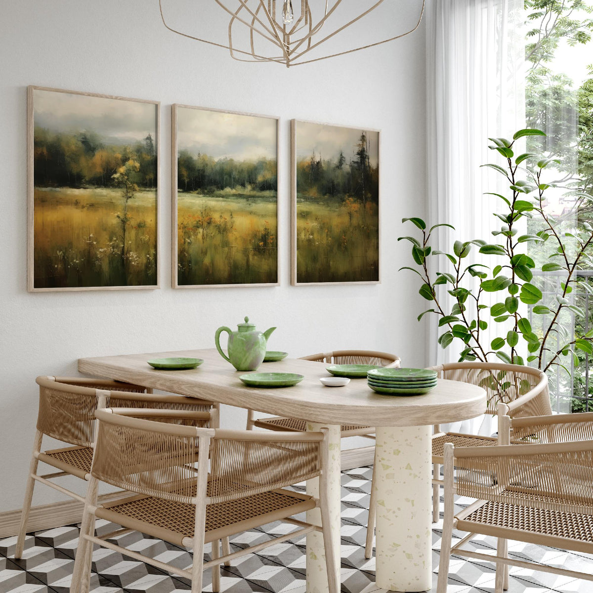 Soft Abstract Green Landscape Set of Three Art Prints - Misty Meadow and Forest - Panoramic Painting Poster