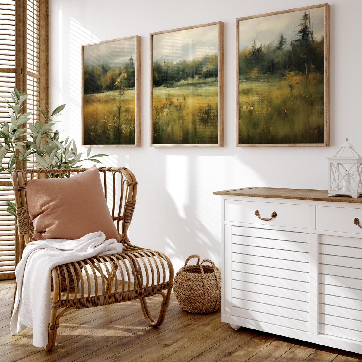 Soft Abstract Green Landscape Set of Three Art Prints - Misty Meadow and Forest - Panoramic Painting Poster
