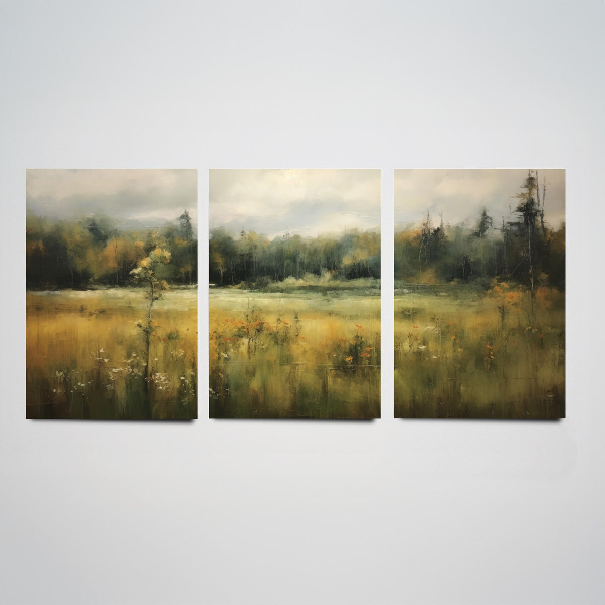 Soft Abstract Green Landscape Set of Three Art Prints - Misty Meadow and Forest - Panoramic Painting Poster