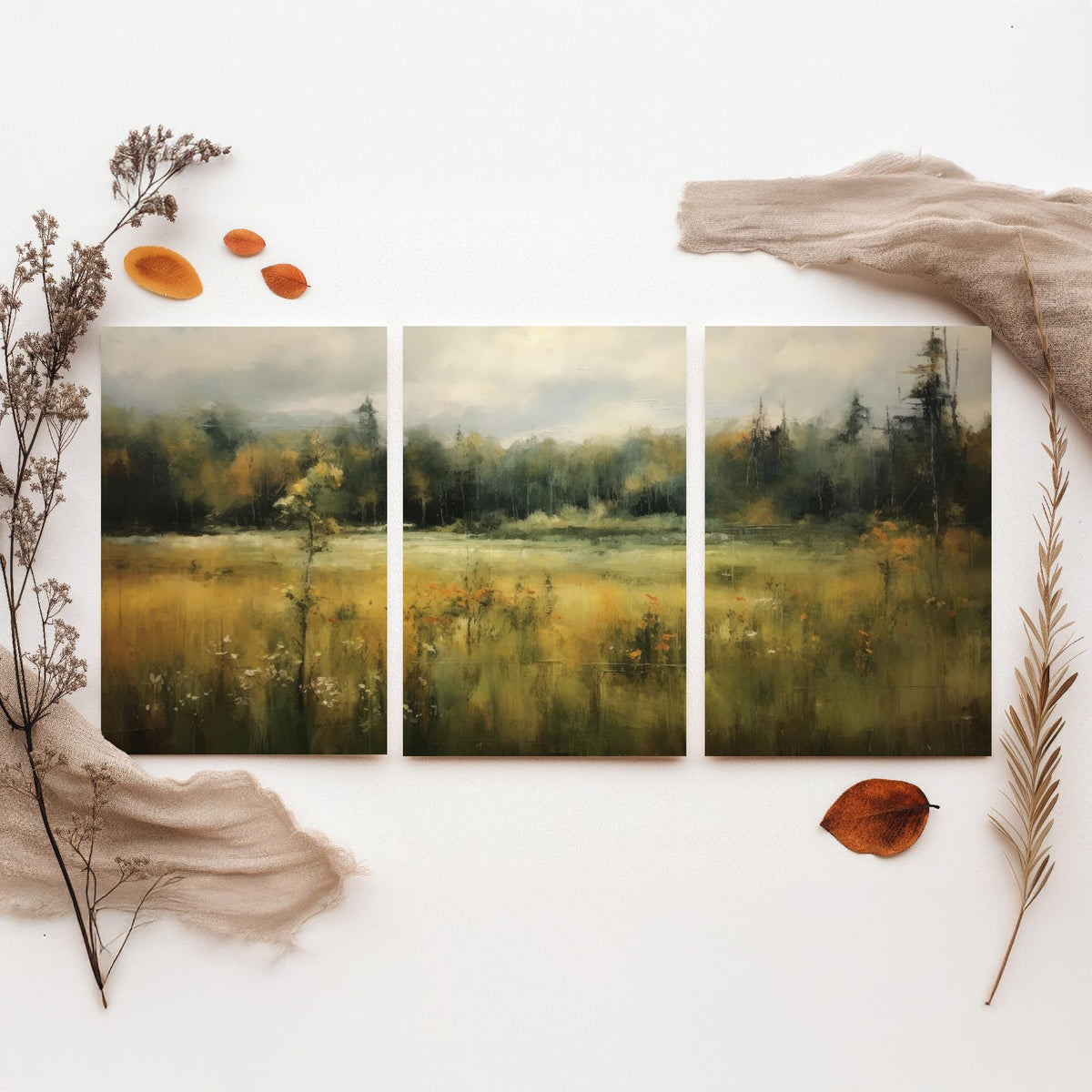 Soft Abstract Green Landscape Set of Three Art Prints - Misty Meadow and Forest - Panoramic Painting Poster