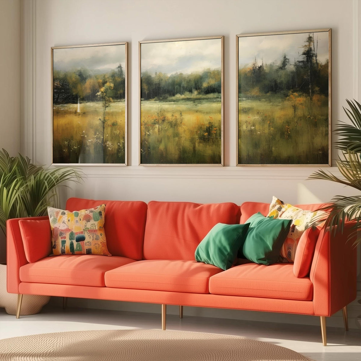 Soft Abstract Green Landscape Set of Three Art Prints - Misty Meadow and Forest - Panoramic Painting Poster