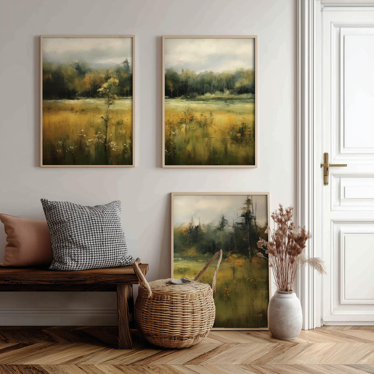 Soft Abstract Green Landscape Set of Three Art Prints - Misty Meadow and Forest - Panoramic Painting Poster