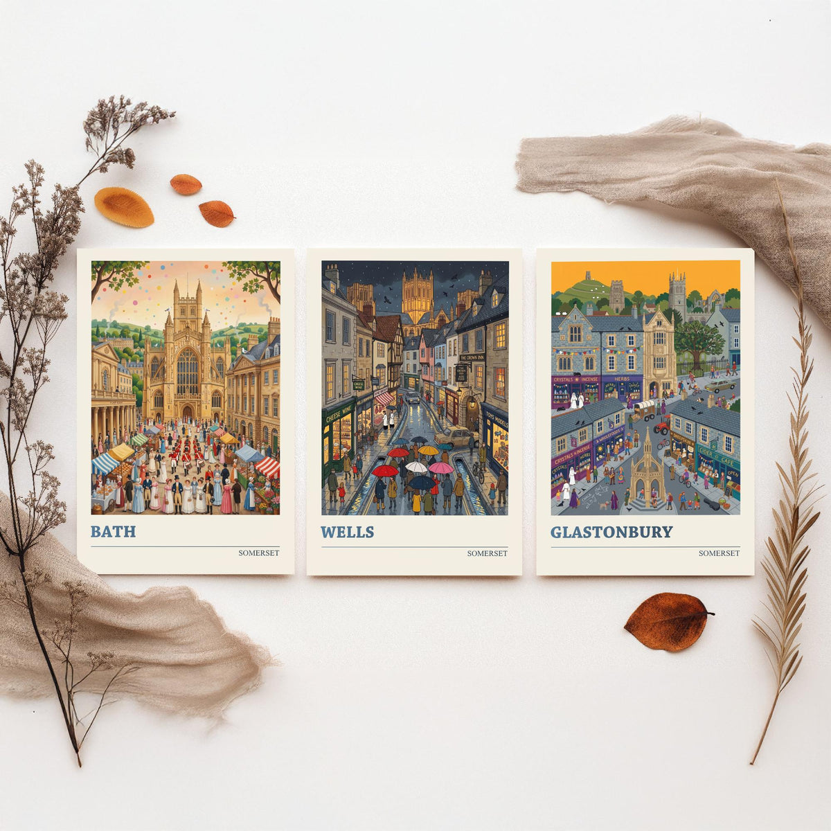 Somerset Set of Three Art Prints - Bath, Wells, Glastonbury - 3 Colourful Folk Illustration Travel Posters - West Country Painting