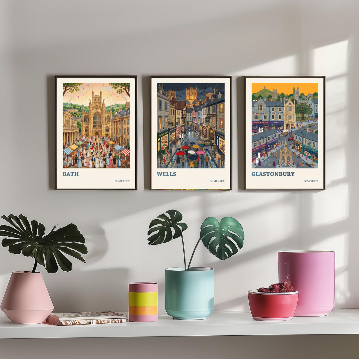 Somerset Set of Three Art Prints - Bath, Wells, Glastonbury - 3 Colourful Folk Illustration Travel Posters - West Country Painting