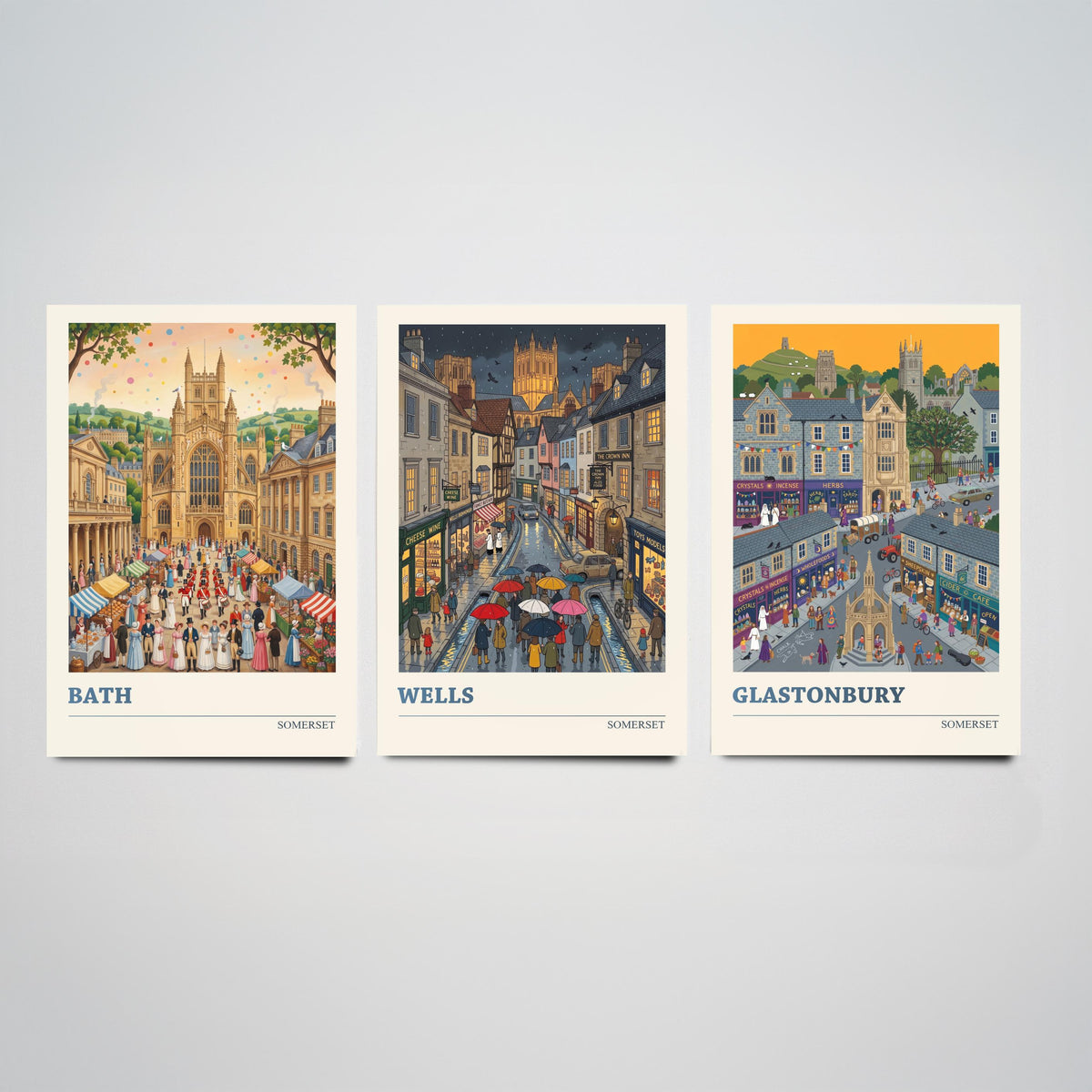 Somerset Set of Three Art Prints - Bath, Wells, Glastonbury - 3 Colourful Folk Illustration Travel Posters - West Country Painting