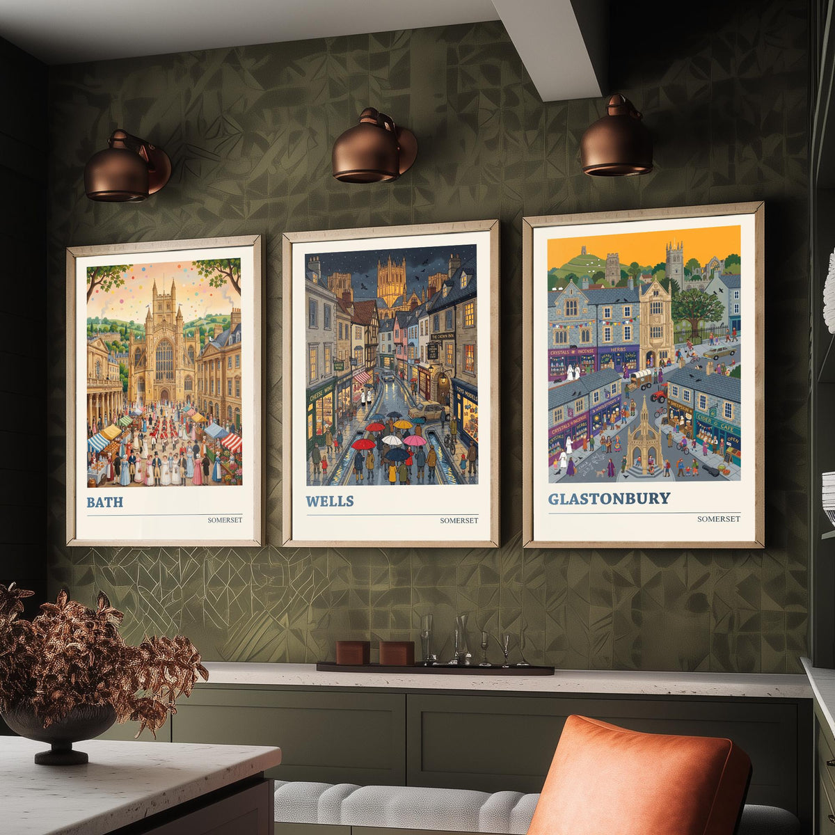 Somerset Set of Three Art Prints - Bath, Wells, Glastonbury - 3 Colourful Folk Illustration Travel Posters - West Country Painting
