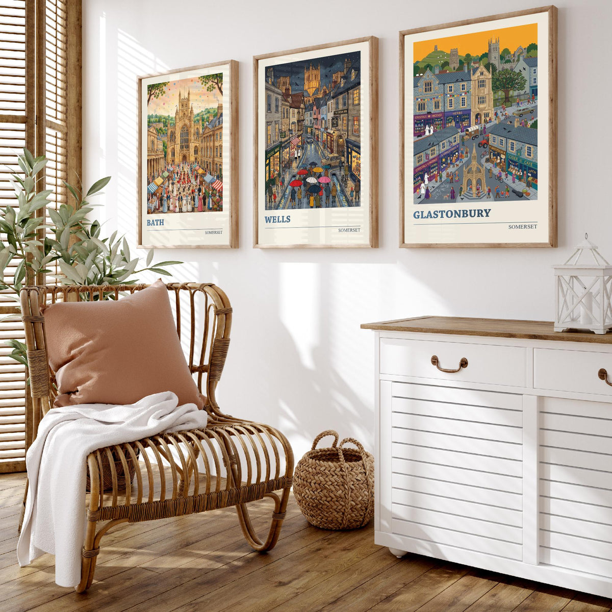 Somerset Set of Three Art Prints - Bath, Wells, Glastonbury - 3 Colourful Folk Illustration Travel Posters - West Country Painting