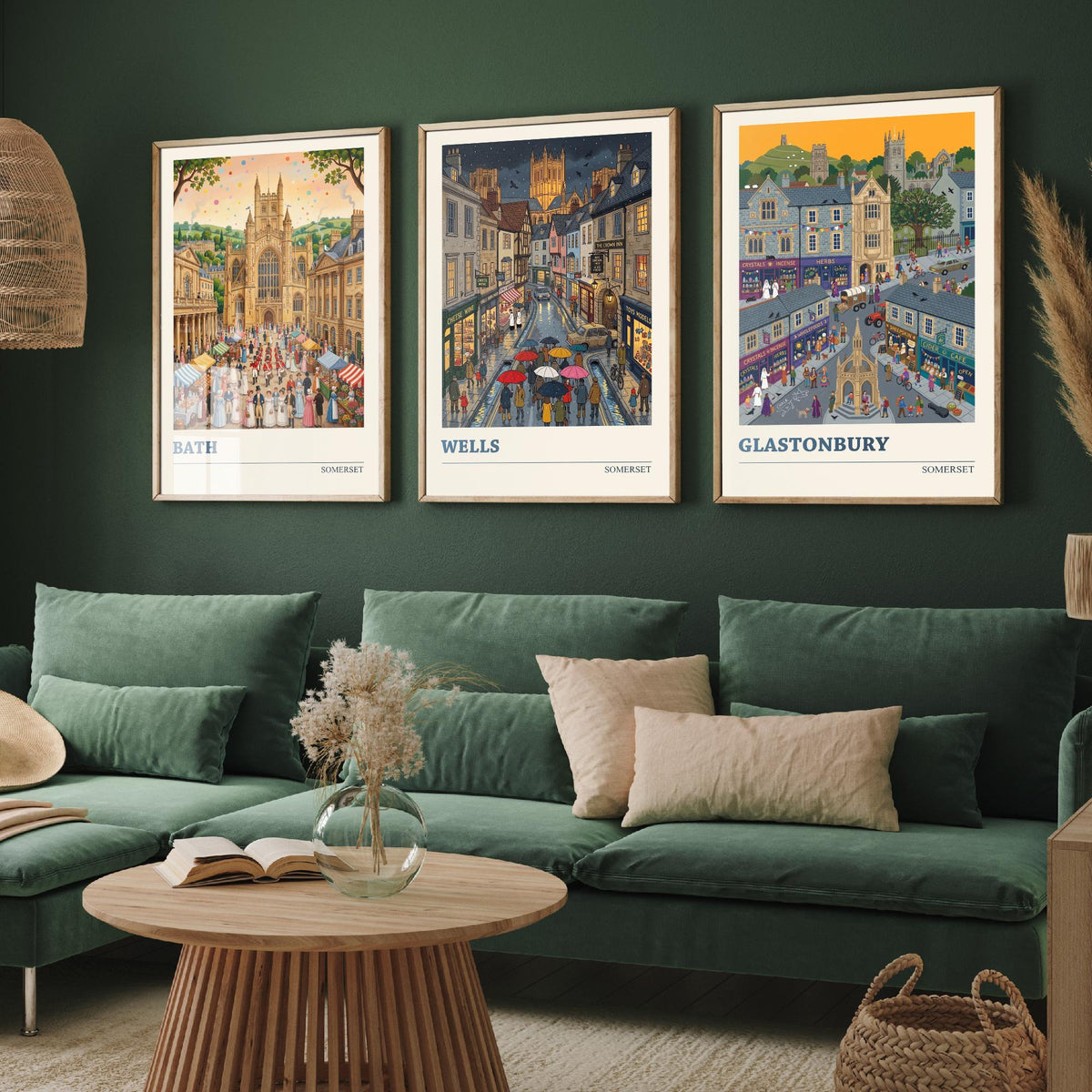 Somerset Set of Three Art Prints - Bath, Wells, Glastonbury - 3 Colourful Folk Illustration Travel Posters - West Country Painting