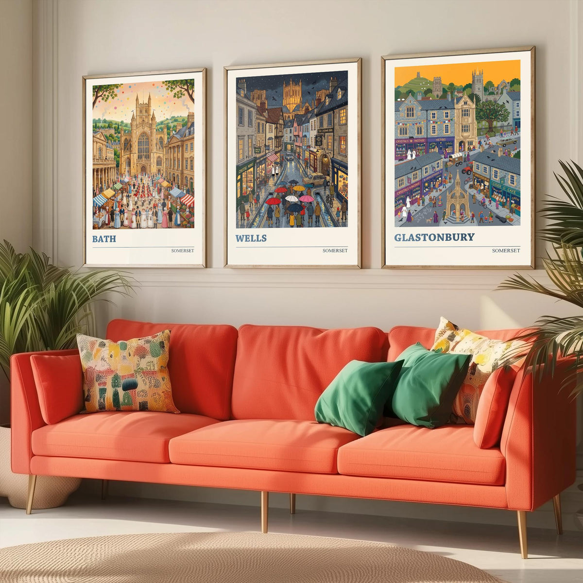 Somerset Set of Three Art Prints - Bath, Wells, Glastonbury - 3 Colourful Folk Illustration Travel Posters - West Country Painting