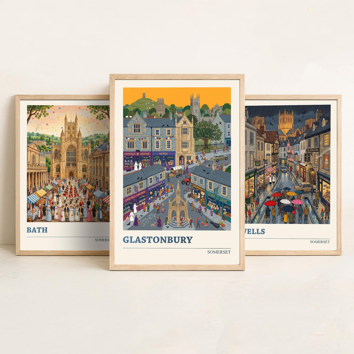 Somerset Set of Three Art Prints - Bath, Wells, Glastonbury - 3 Colourful Folk Illustration Travel Posters - West Country Painting