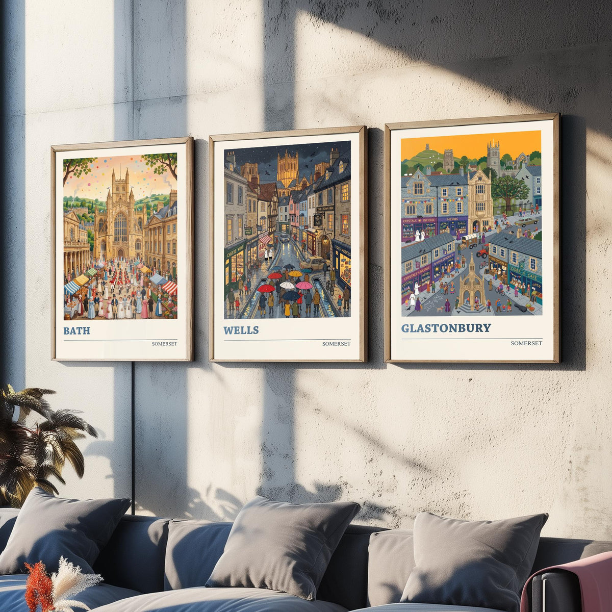 Somerset Set of Three Art Prints - Bath, Wells, Glastonbury - 3 Colourful Folk Illustration Travel Posters - West Country Painting