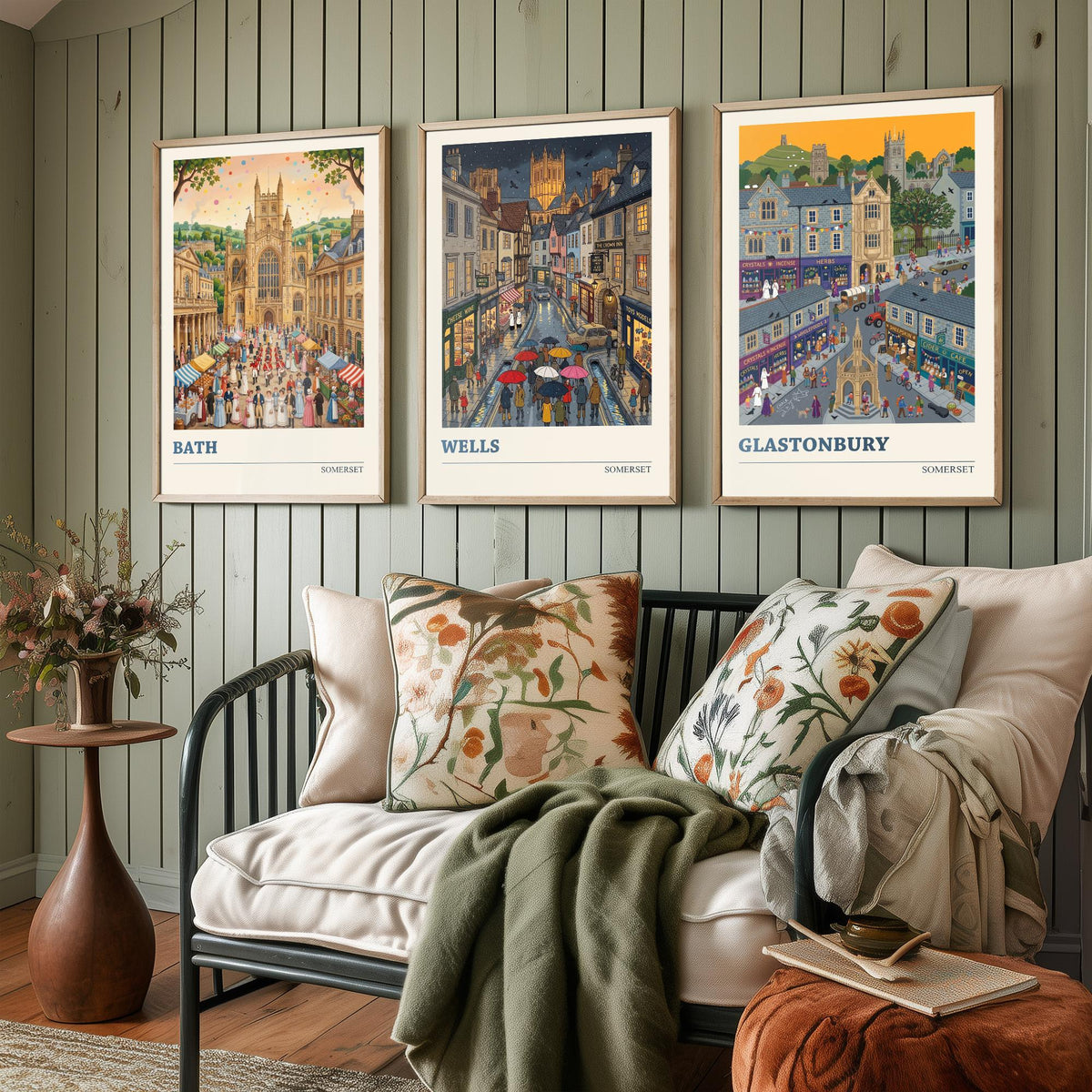 Somerset Set of Three Art Prints - Bath, Wells, Glastonbury - 3 Colourful Folk Illustration Travel Posters - West Country Painting