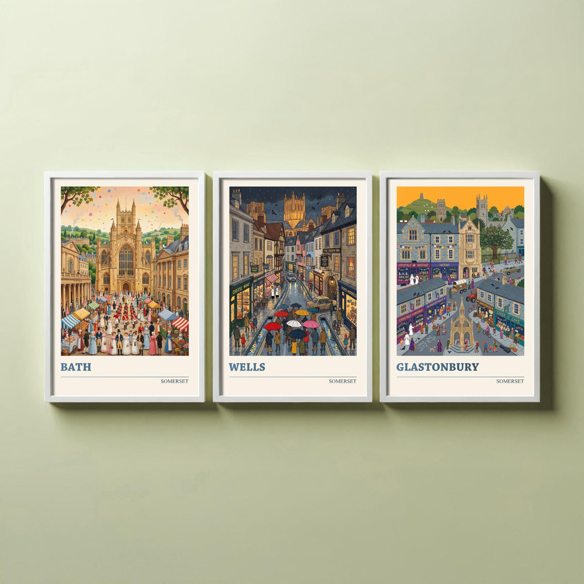 Somerset Set of Three Art Prints - Bath, Wells, Glastonbury - 3 Colourful Folk Illustration Travel Posters - West Country Painting
