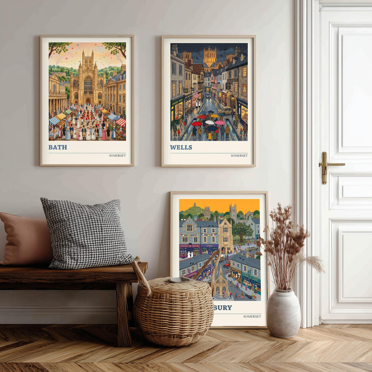 Somerset Set of Three Art Prints - Bath, Wells, Glastonbury - 3 Colourful Folk Illustration Travel Posters - West Country Painting