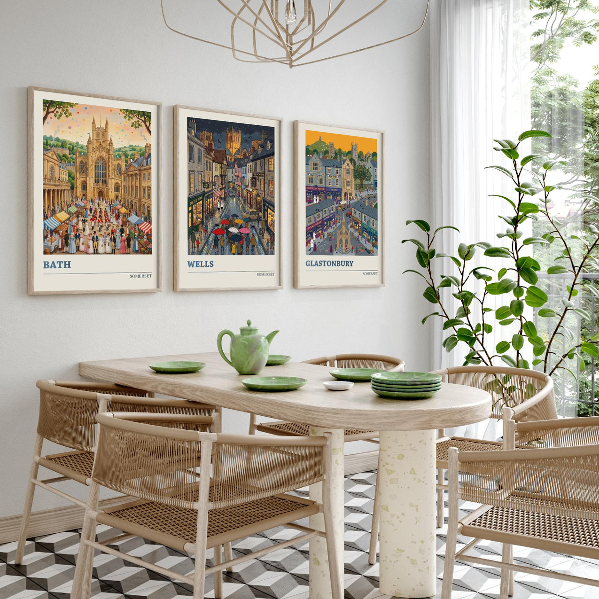 Somerset Set of Three Art Prints - Bath, Wells, Glastonbury - 3 Colourful Folk Illustration Travel Posters - West Country Painting