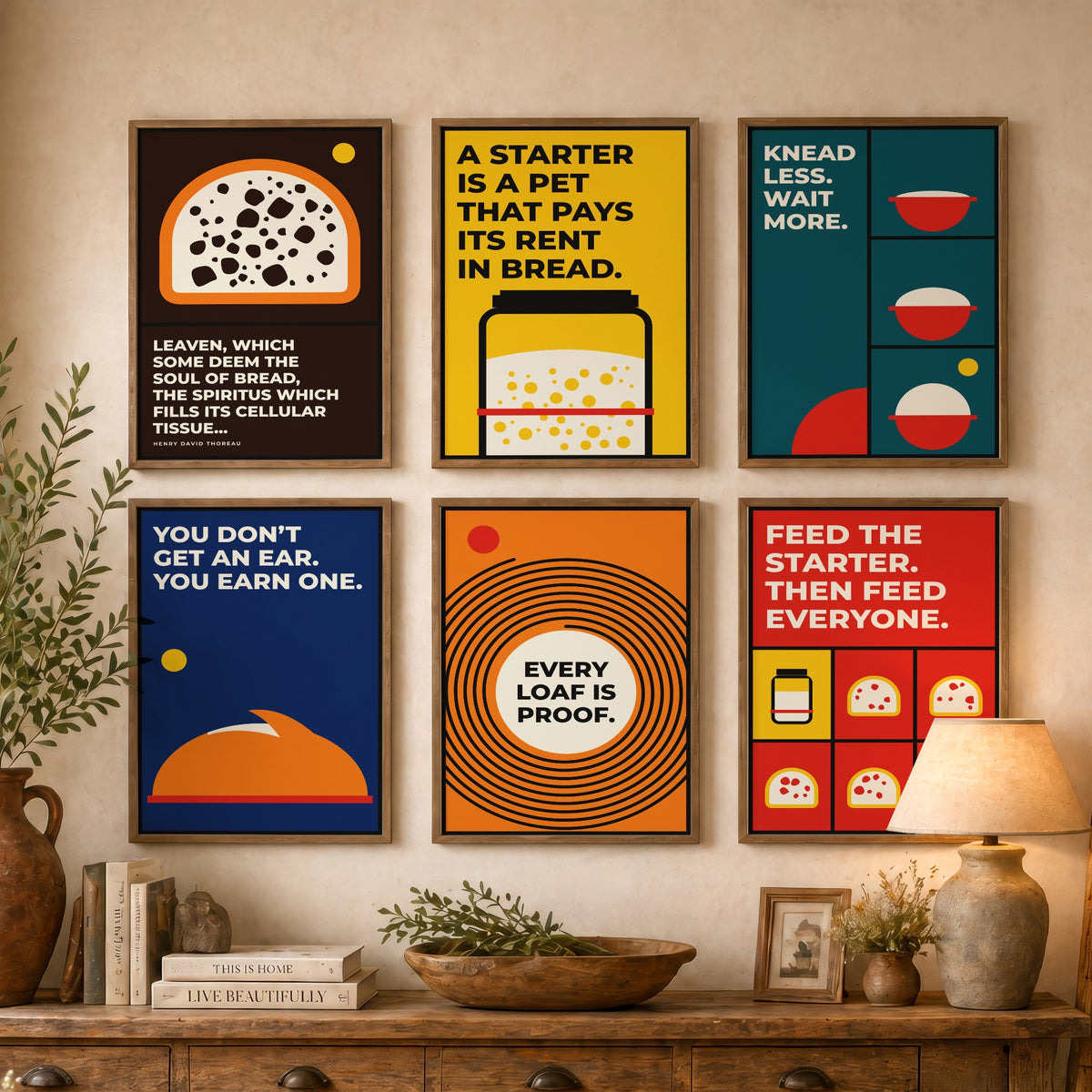 Set of Six Sourdough Quote Art Prints - 6 Bauhaus Baker and Bread Posters - Minimalist Kitchen Illustration - Starter, Loaf, Banneton