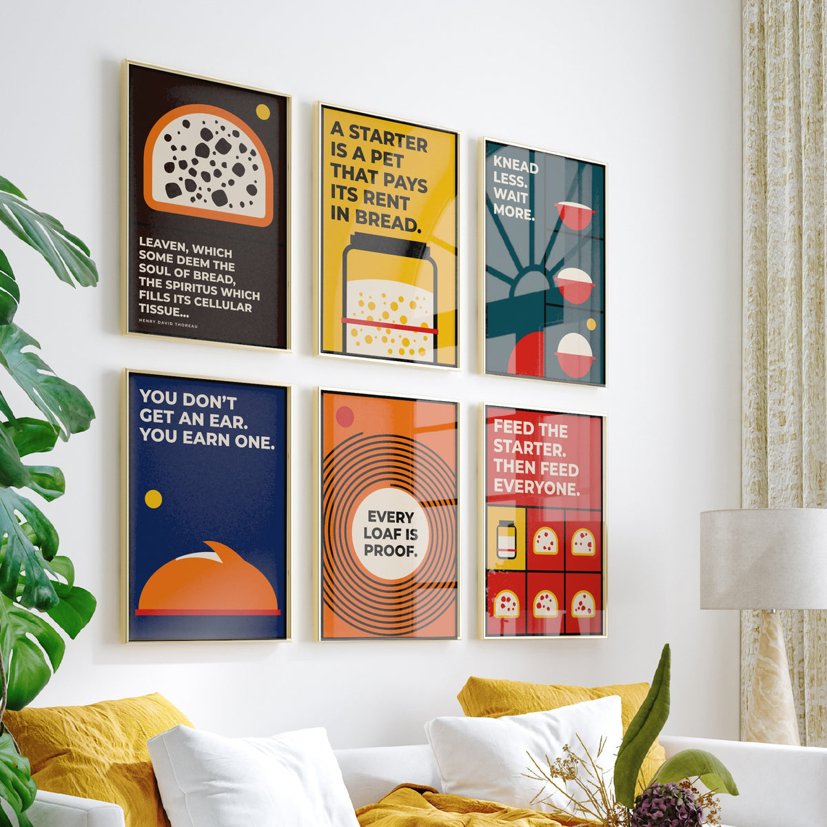 Set of Six Sourdough Quote Art Prints - 6 Bauhaus Baker and Bread Posters - Minimalist Kitchen Illustration - Starter, Loaf, Banneton