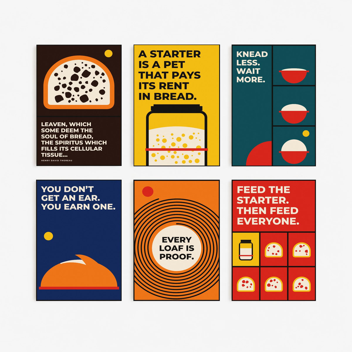 Set of Six Sourdough Quote Art Prints - 6 Bauhaus Baker and Bread Posters - Minimalist Kitchen Illustration - Starter, Loaf, Banneton