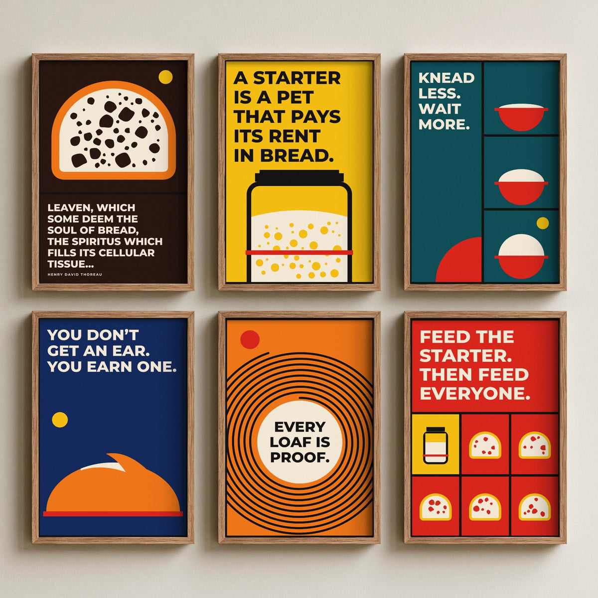 Set of Six Sourdough Quote Art Prints - 6 Bauhaus Baker and Bread Posters - Minimalist Kitchen Illustration - Starter, Loaf, Banneton