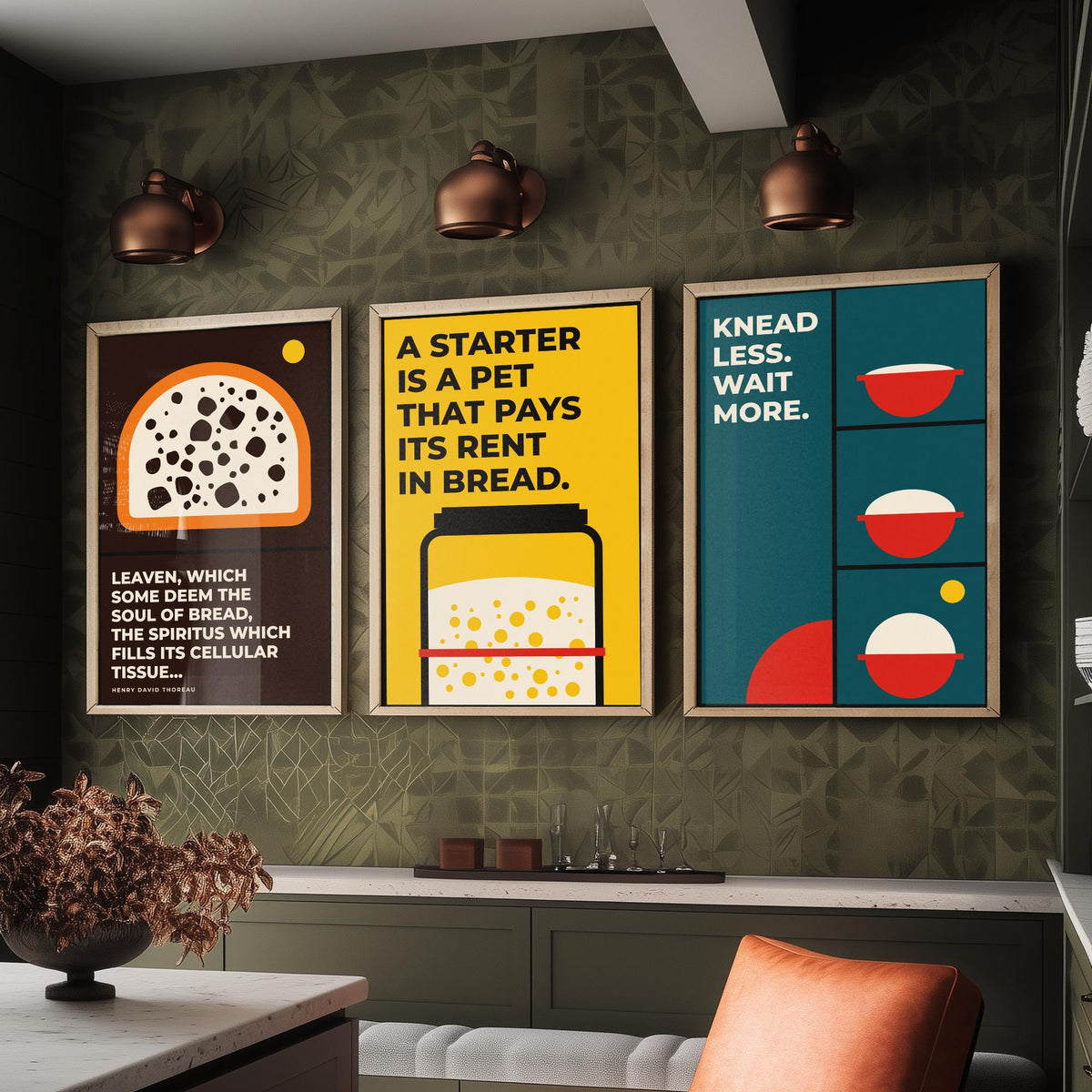 Sourdough Quotes Set of Three Art Prints - 3 Bauhaus Baker and Bread Posters - Minimalist Kitchen Wall Art Illustration V1