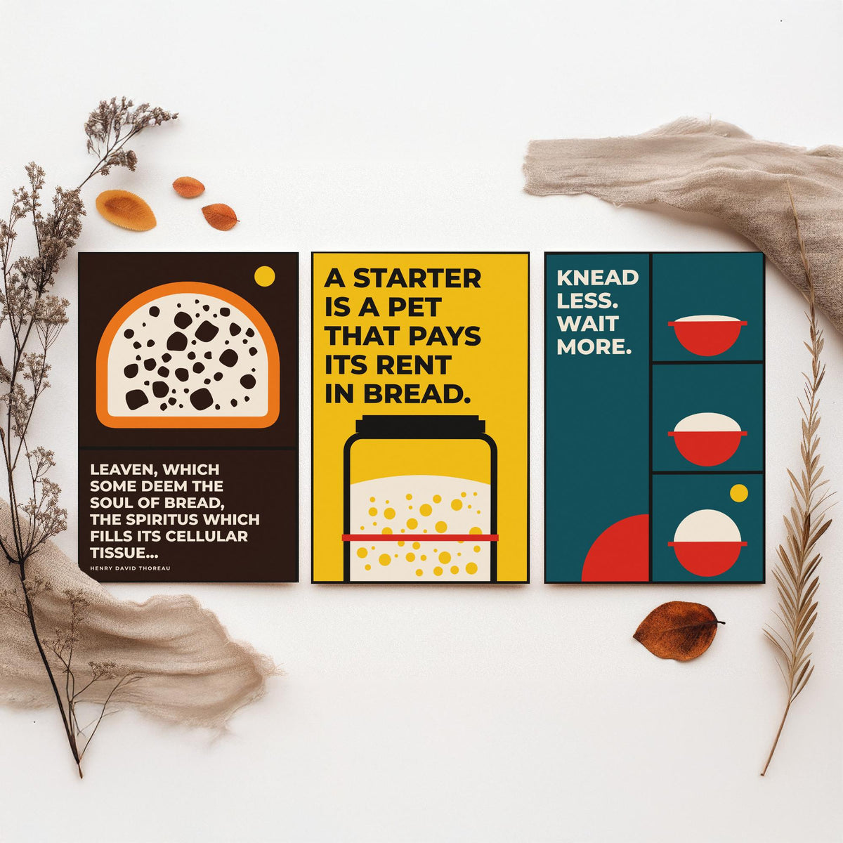 Sourdough Quotes Set of Three Art Prints - 3 Bauhaus Baker and Bread Posters - Minimalist Kitchen Wall Art Illustration V1