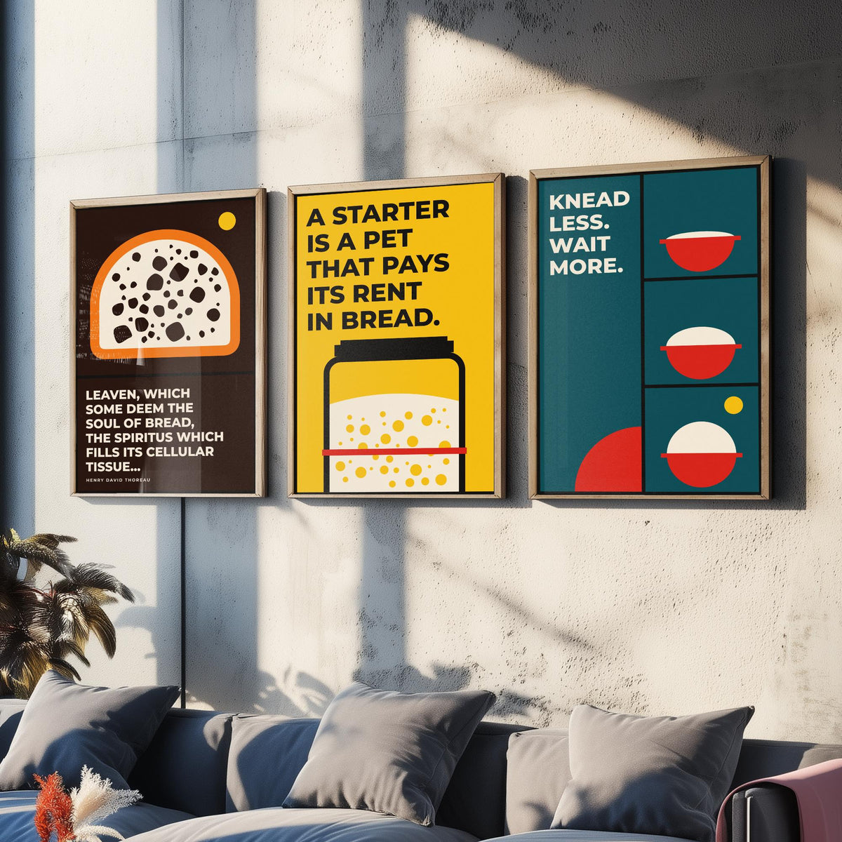 Sourdough Quotes Set of Three Art Prints - 3 Bauhaus Baker and Bread Posters - Minimalist Kitchen Wall Art Illustration V1