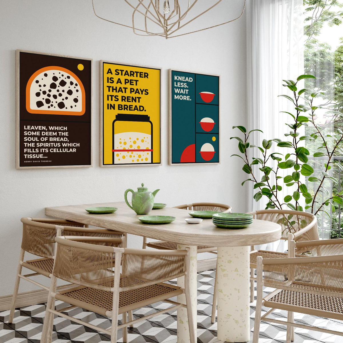 Sourdough Quotes Set of Three Art Prints - 3 Bauhaus Baker and Bread Posters - Minimalist Kitchen Wall Art Illustration V1