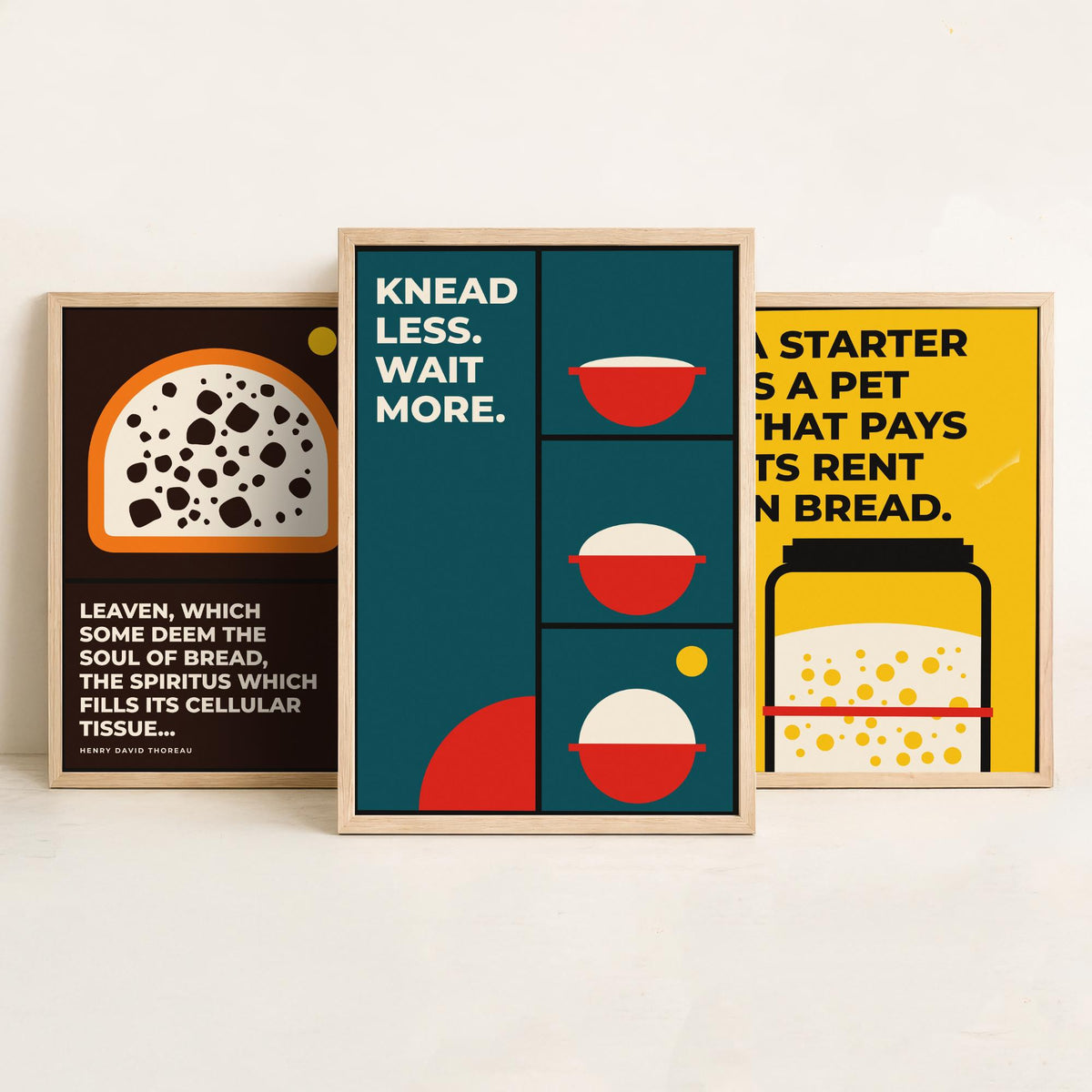 Sourdough Quotes Set of Three Art Prints - 3 Bauhaus Baker and Bread Posters - Minimalist Kitchen Wall Art Illustration V1