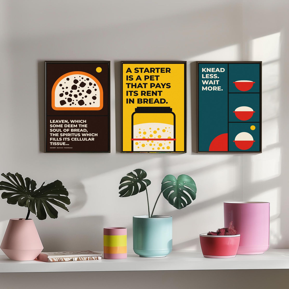 Sourdough Quotes Set of Three Art Prints - 3 Bauhaus Baker and Bread Posters - Minimalist Kitchen Wall Art Illustration V1