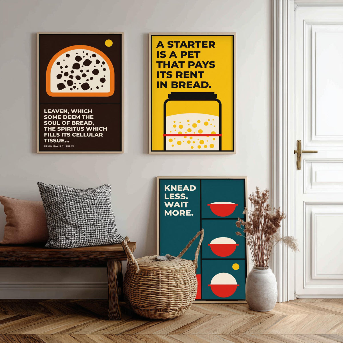 Sourdough Quotes Set of Three Art Prints - 3 Bauhaus Baker and Bread Posters - Minimalist Kitchen Wall Art Illustration V1