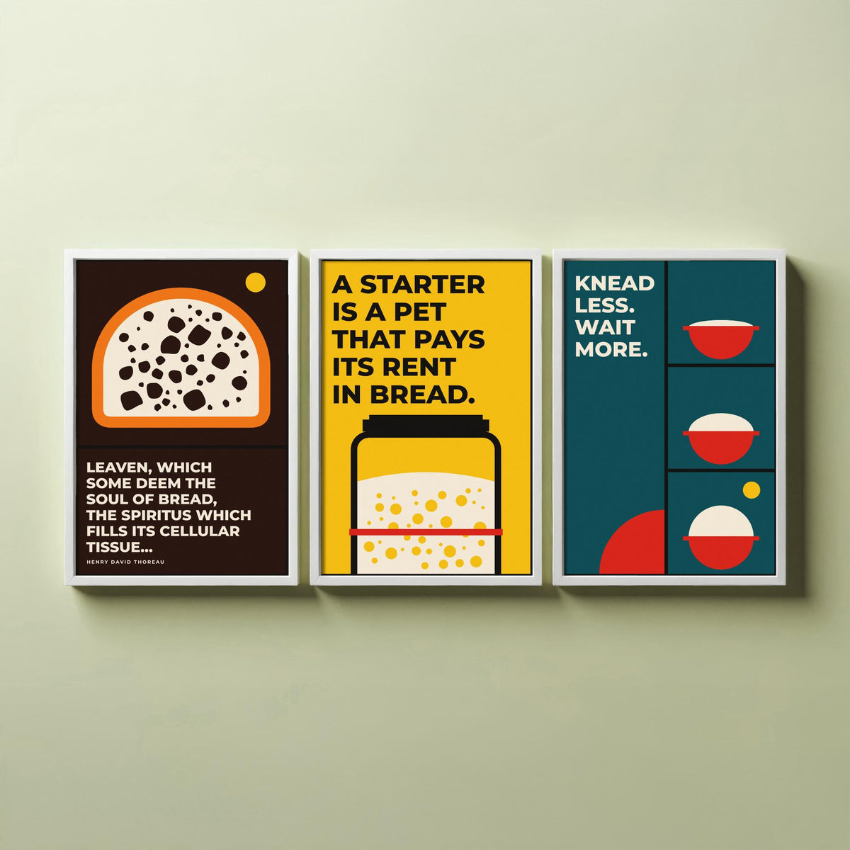 Sourdough Quotes Set of Three Art Prints - 3 Bauhaus Baker and Bread Posters - Minimalist Kitchen Wall Art Illustration V1