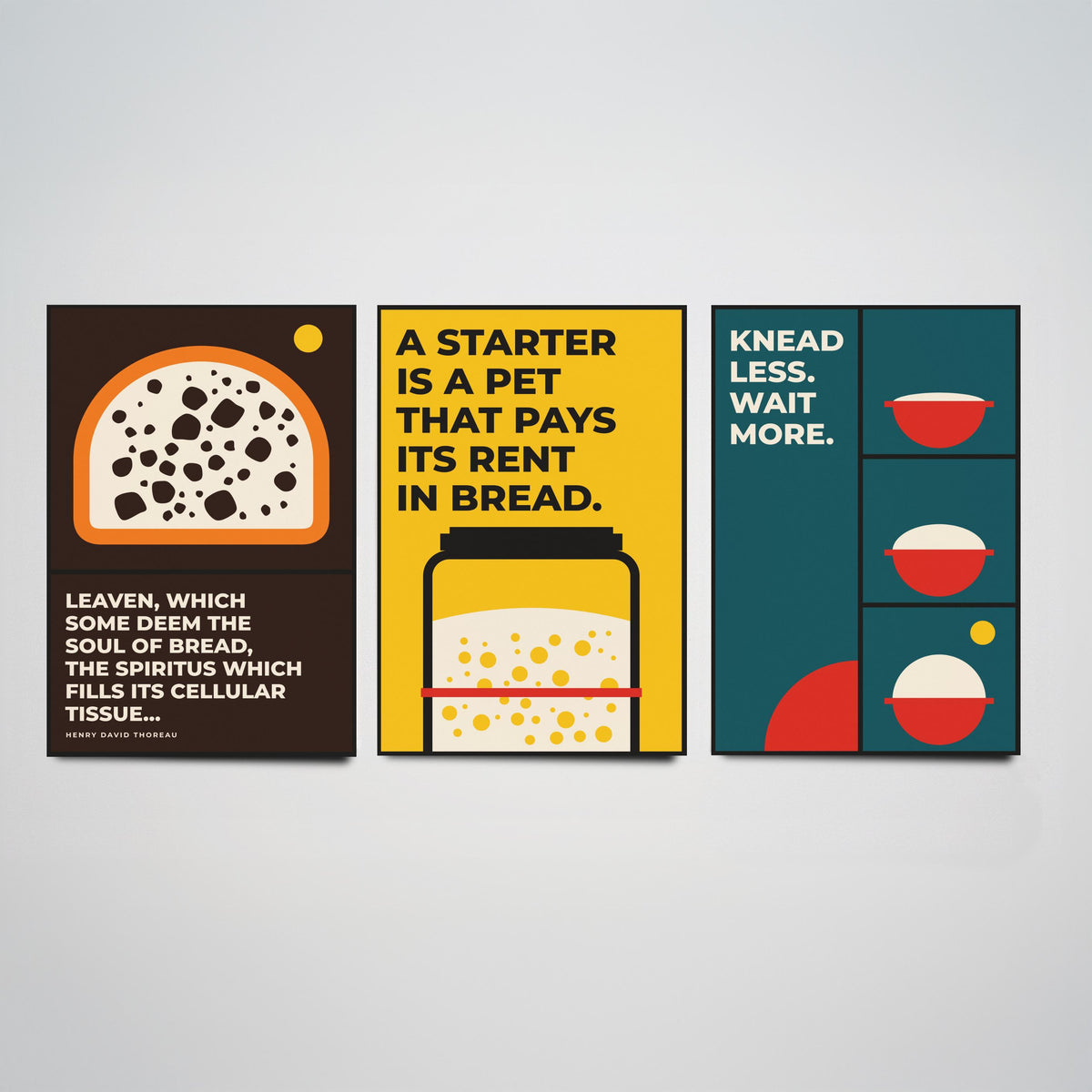 Sourdough Quotes Set of Three Art Prints - 3 Bauhaus Baker and Bread Posters - Minimalist Kitchen Wall Art Illustration V1