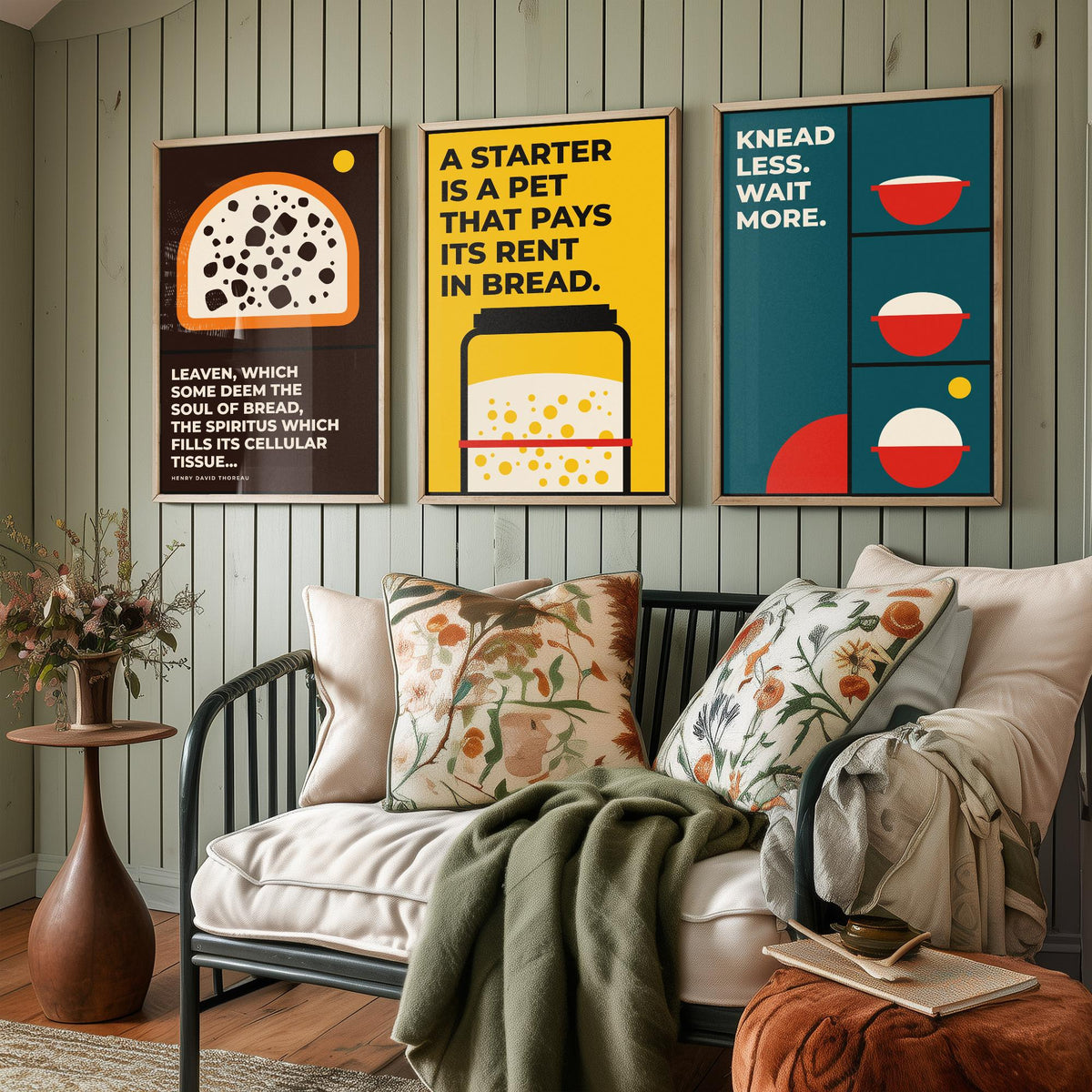 Sourdough Quotes Set of Three Art Prints - 3 Bauhaus Baker and Bread Posters - Minimalist Kitchen Wall Art Illustration V1