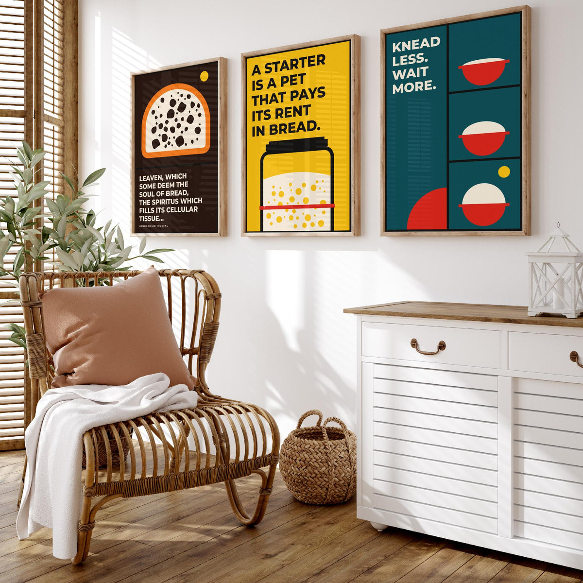 Sourdough Quotes Set of Three Art Prints - 3 Bauhaus Baker and Bread Posters - Minimalist Kitchen Wall Art Illustration V1