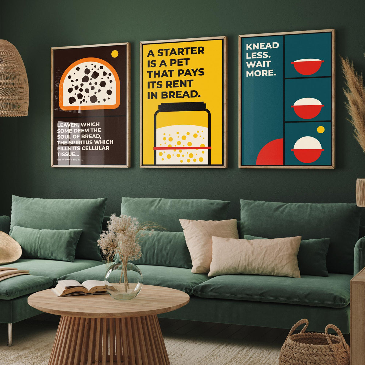 Sourdough Quotes Set of Three Art Prints - 3 Bauhaus Baker and Bread Posters - Minimalist Kitchen Wall Art Illustration V1